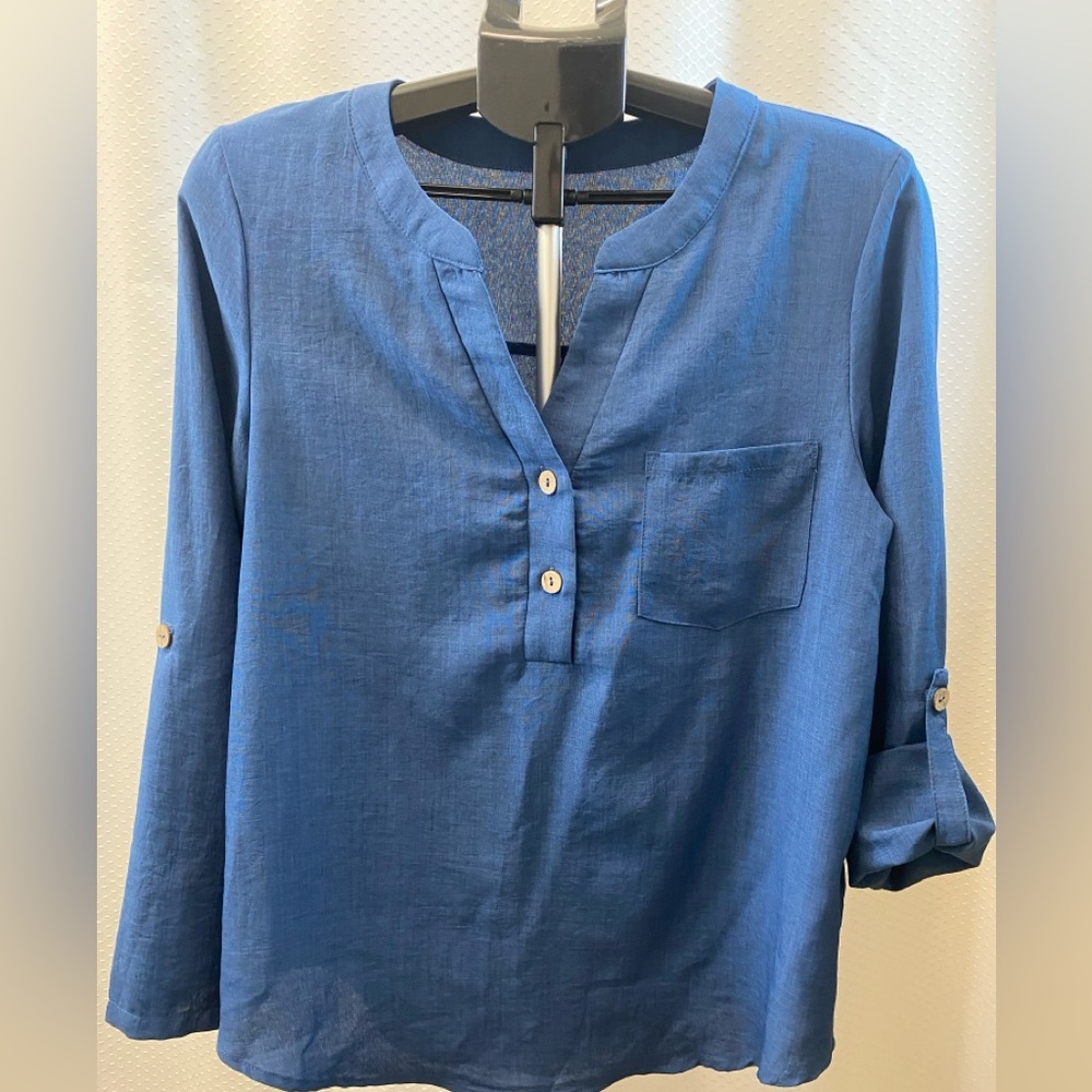 SHEIN Blue V-Neck Button Front Roll-Sleeve Blouse, Size M - Picture 3 of 6